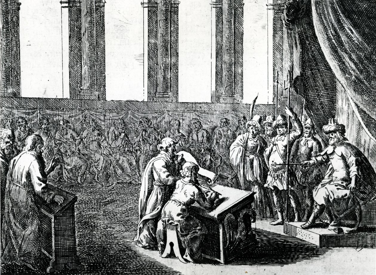 Ptolemaiosz Philadelphus, Egyiptom királya 72 férfit idéz Júdeából, hogy fordítsák le görögre a zsidó törvényeket, 1700 körül alkotó: Dutch School