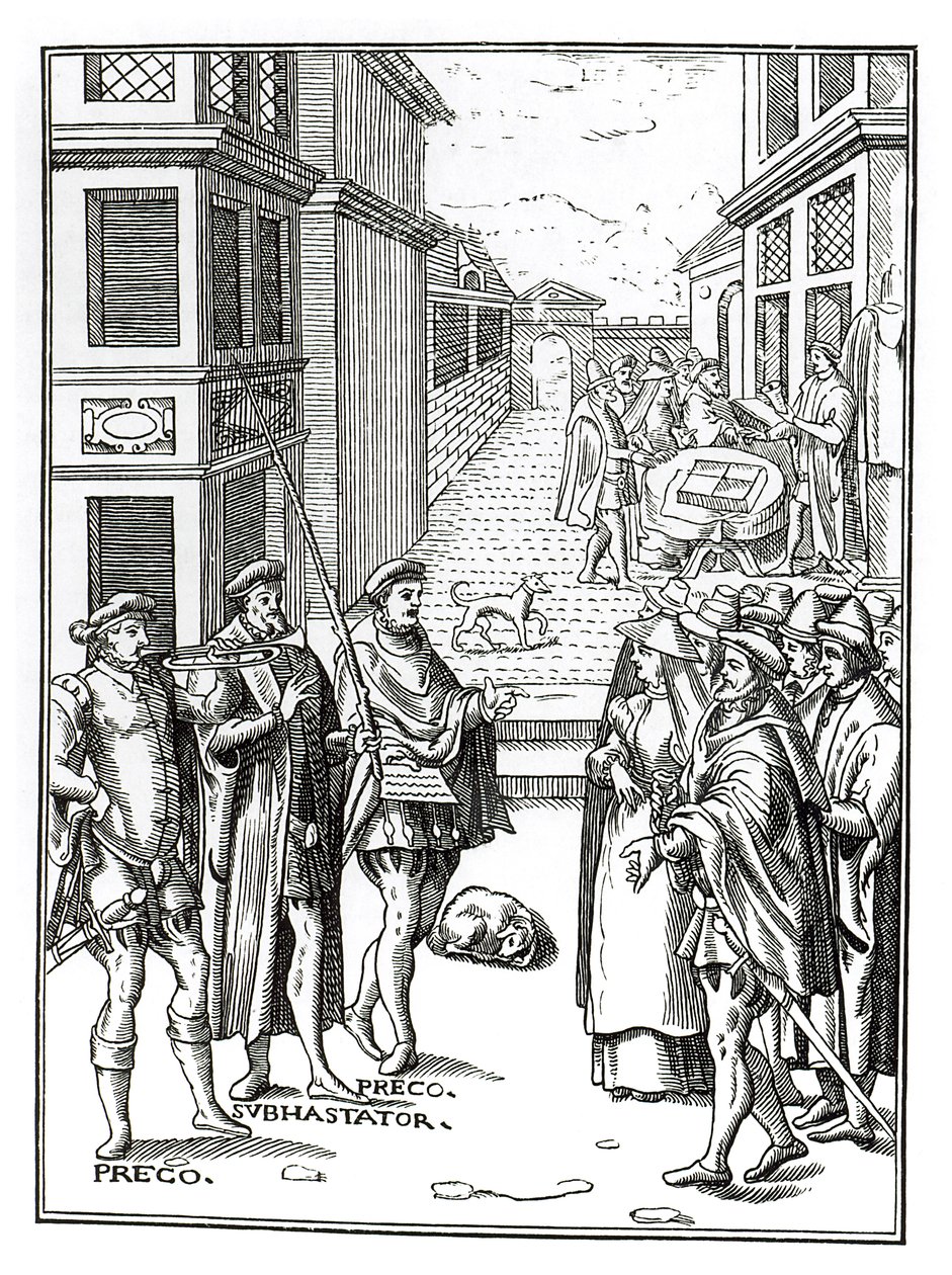 Town Crier eladása, Joos de Damhouder (1507-81) fametszete nyomán a Praxis Rerum Civiliumban, Antwerpen, 1557 alkotó: Dutch School