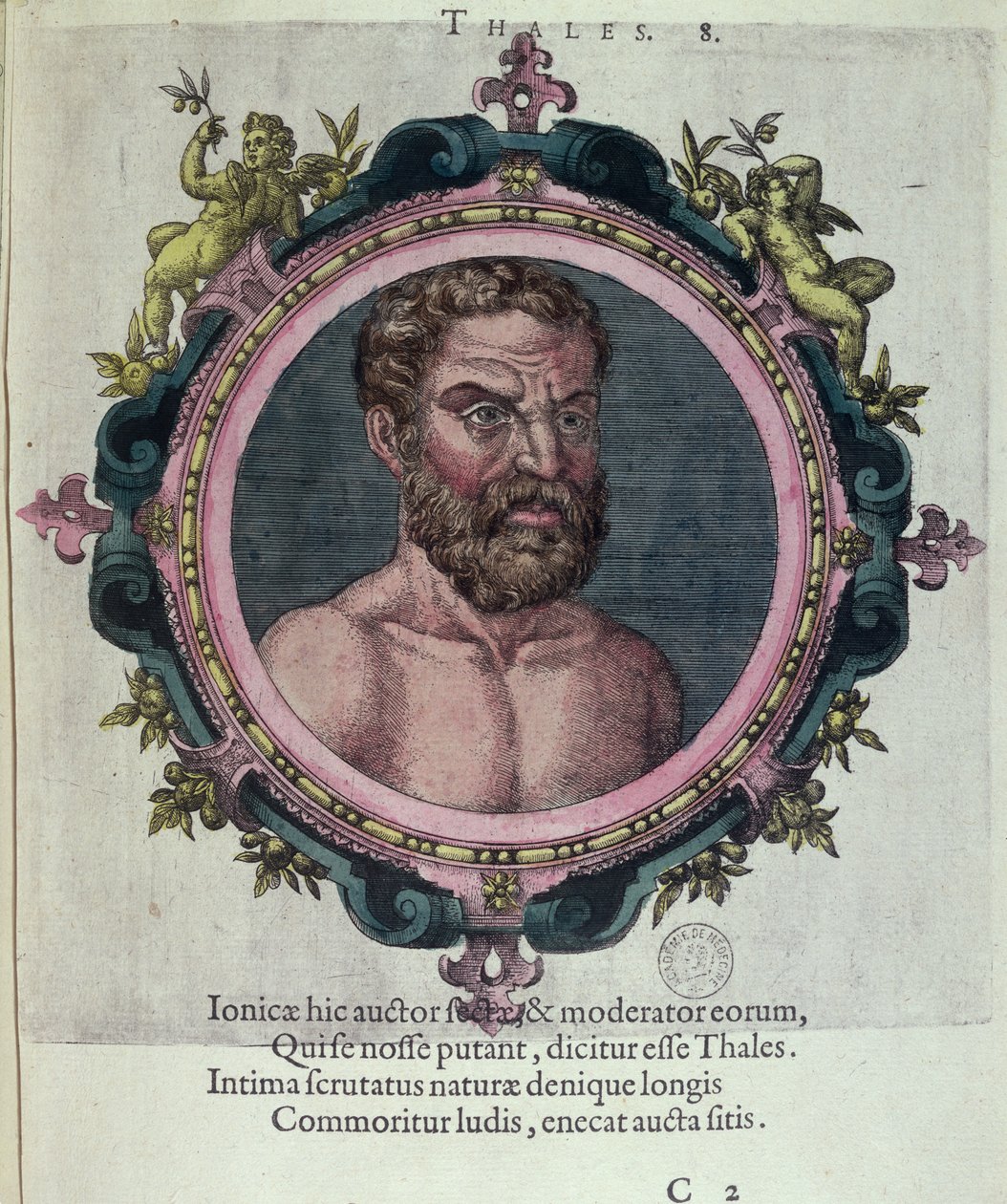 Milétosz Thalésze (Kr. e. 625-547), illusztráció az ókori és legújabb fizika és filozófusok ikonjaiból, Johannes Sambucus (1531-1584), Plantin adta ki Antwerpenben 1574-ben (színes metszet) alkotó: Dutch School