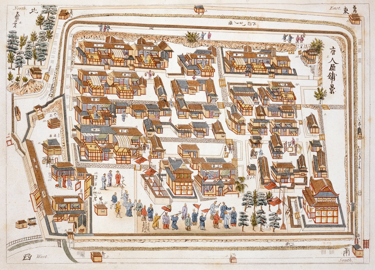 A nangaszaki Teng-chan utcában található kínai gyárat 1688-ban alapították Isaac Titsingh (kb. 1740-1812) Japán illusztrációiból, London, 1822. alkotó: Dutch School