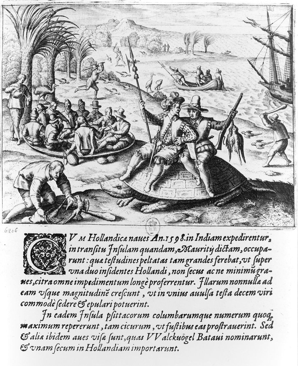 A hollandok Mauritiuson 1598-ban, metszett de Bry alkotó: Dutch School