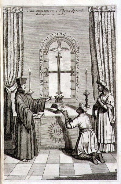 Szent Tamás apostol csodálatos keresztje az indiai Meliapore-ban, Athanasius Kircher (1601-80) „Kína illusztrációja” című művéből, 1667 (metszet) alkotó: Dutch School