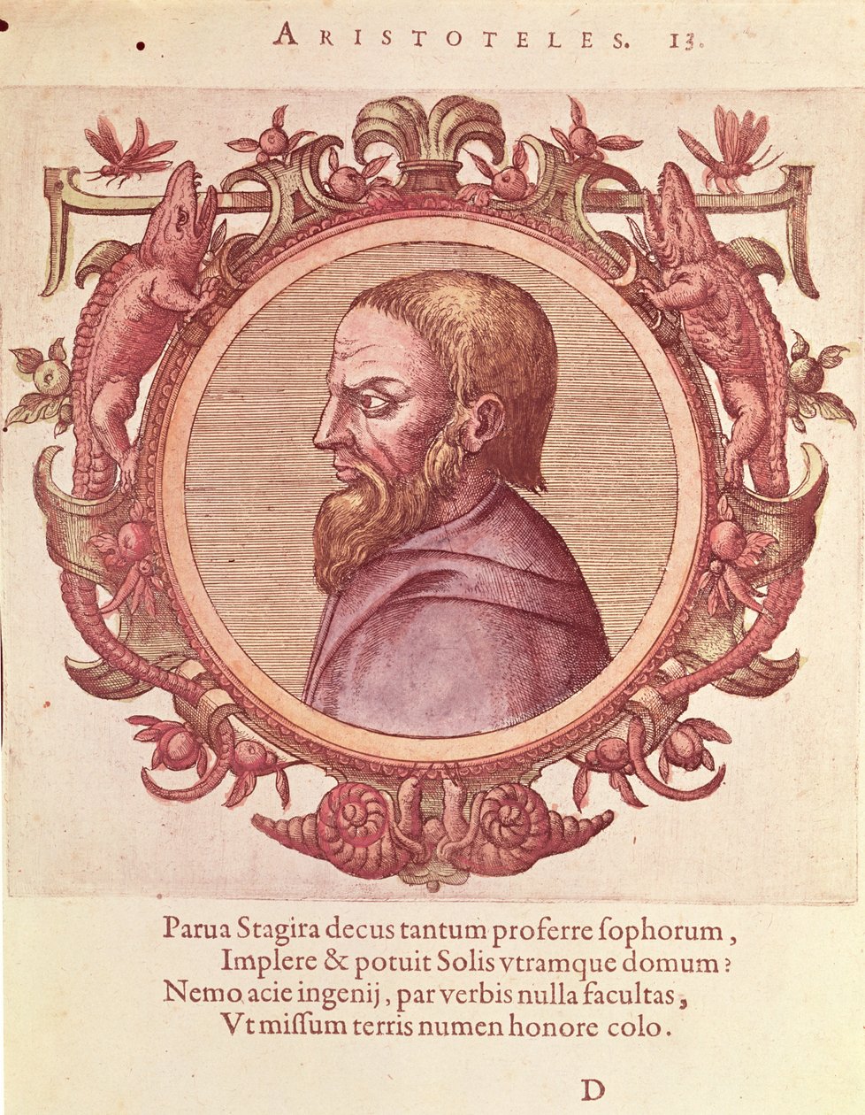 Arisztotelész filozófus (Kr. e. 384-322), Johannes Sambucus (1531-1584) illusztrációja az ókori és legújabb fizikából és filozófusok ikonjaiból, Plantin adta ki Antwerpenben 1574-ben (színes metszet) alkotó: Dutch School