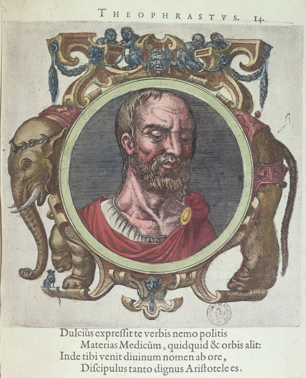 Theophrastus (Kr. e. 372-287), illusztráció a Régi és legújabb fizika és filozófusok könyvéből, Johannes Sambucus (1531-84), Plantin kiadója Leydenben 1603-ban (színes metszet) alkotó: Dutch School
