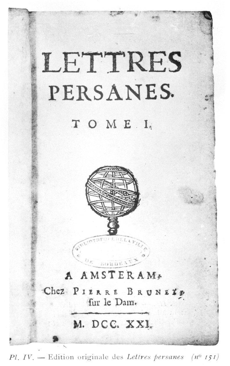 Charles de Montesquieu (1689-1755) Perzsa levelei címlapja, 1721 alkotó: Dutch School