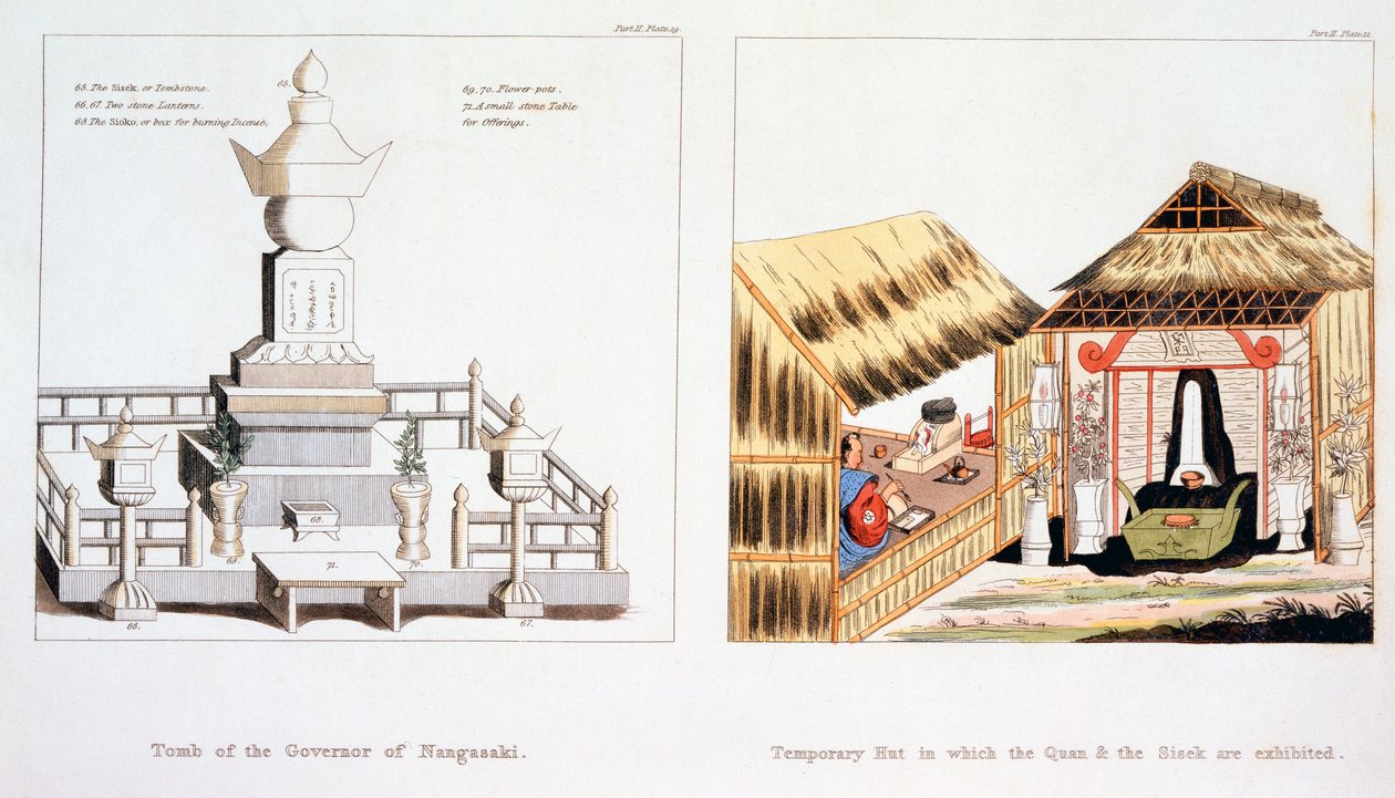 Nagaszaki kormányzójának sírja és más temetési tárgyak Issac Titsingh Japán illusztrációiból, 1822-ben Londonban alkotó: Dutch School