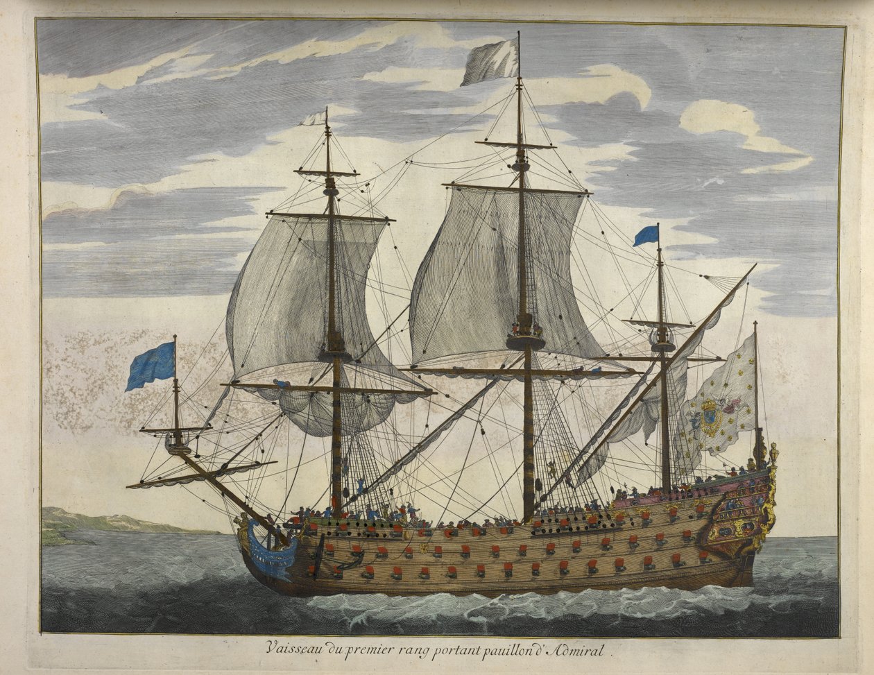 Első rangú hajó, amelyen az admirális Pauillon felirata látható, a „De Fransche Neptunus and Atlas Maritime and Suite du Neptune François” című művéből, Charles Pene és Pieter Mortier (színes metszet) alkotó: Dutch School