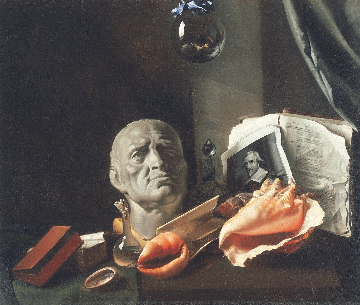 Vanitas csendélet mellszoborral, kagylókkal, könyvekkel és üvegpalackokkal (olaj, vászon) alkotó: Dutch School