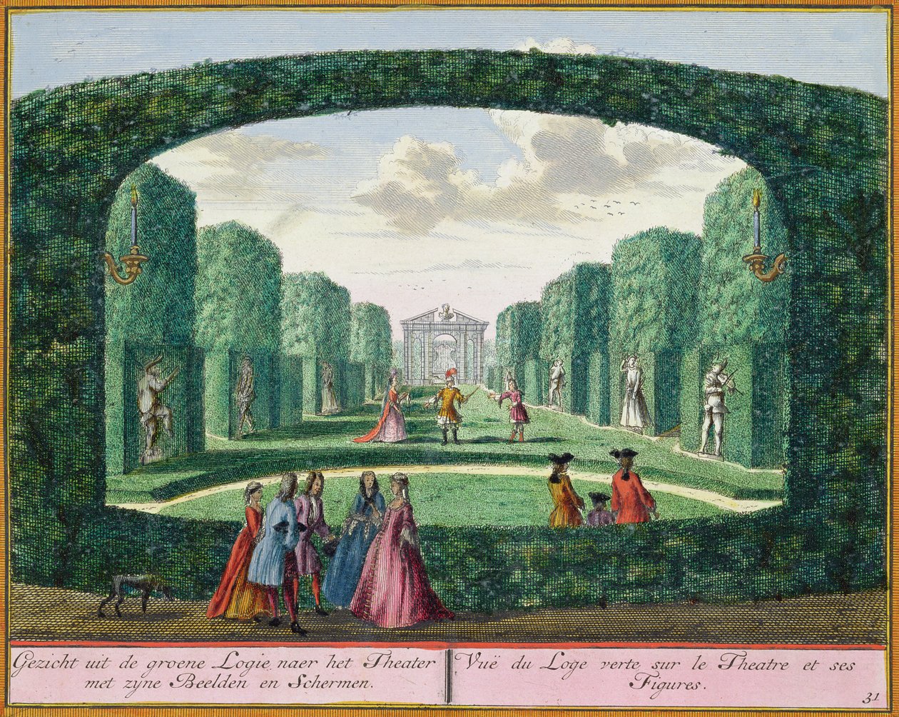Kilátás a zöld loggiáról a színházra, a Het Zeganplant Kennemerlantból, Hendrick de Leth és Matthias Brouerius Van Nidek, megjelent 1700-1730 körül alkotó: Dutch School