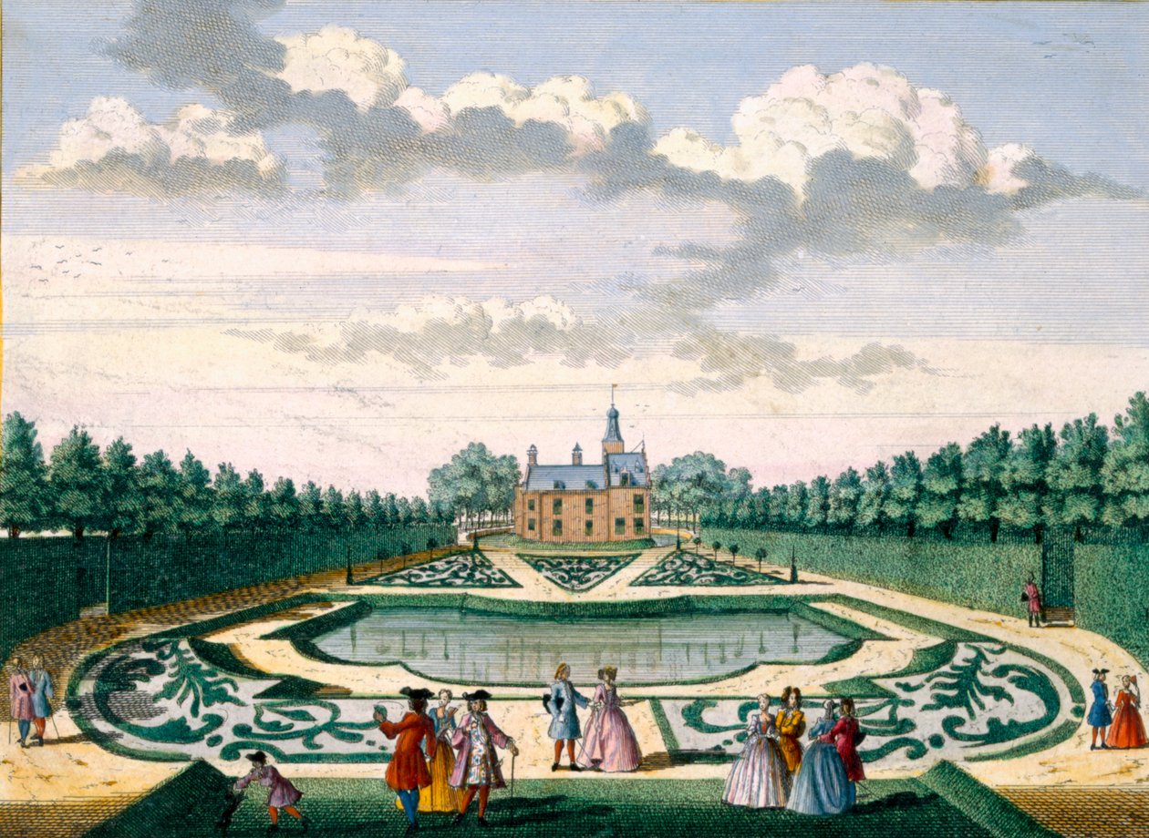 Kilátás az Adrichem-házra a kerttel és a nagy tóval, a Het Zeganpralent Kennemerlantból Hendrick de Leth és Matthias Brouerius Van Nidek, megjelent 1700-1730 körül alkotó: Dutch School