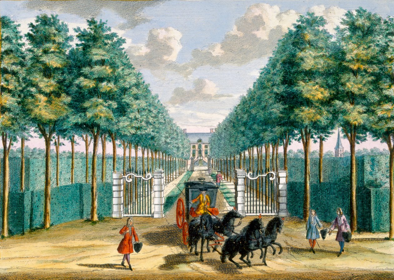 Kilátás a Velserbeek-házra a műútról és a bejáratról, a Het Zeganpralent Kennemerlantból, Hendrick de Leth és Matthias Brouerius Van Nidek, megjelent 1700-1730 körül alkotó: Dutch School