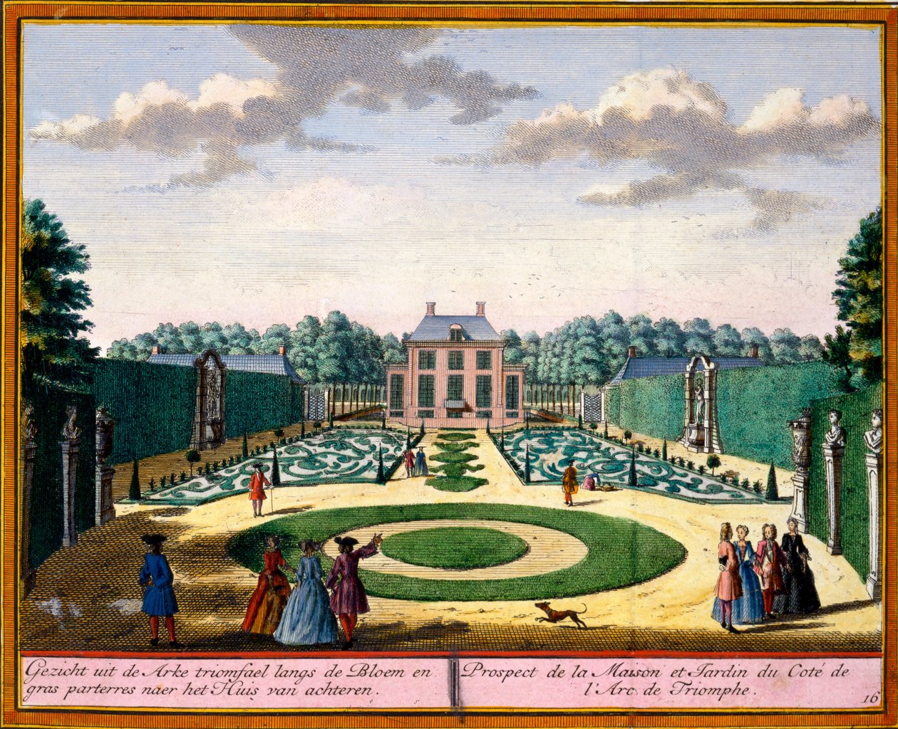 Kilátás a házra és a kertre a diadalív közelében, a Het Zeganpralent Kennemerlantból Hendrick de Leth és Matthias Brouerius Van Nidek, megjelent 1700-30 körül alkotó: Dutch School