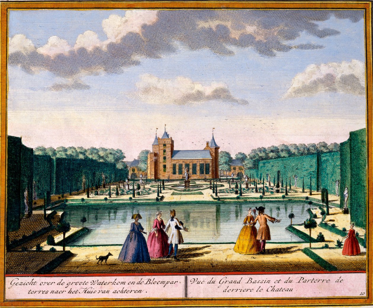 Kilátás a nagy medencére és a parterre a ház hátsó részén, Hendrik de Leth és Matthias Brouerius Van Nidek Get Zeganpralent Kennemerland című könyvéből, 1700-30 körül. alkotó: Dutch School