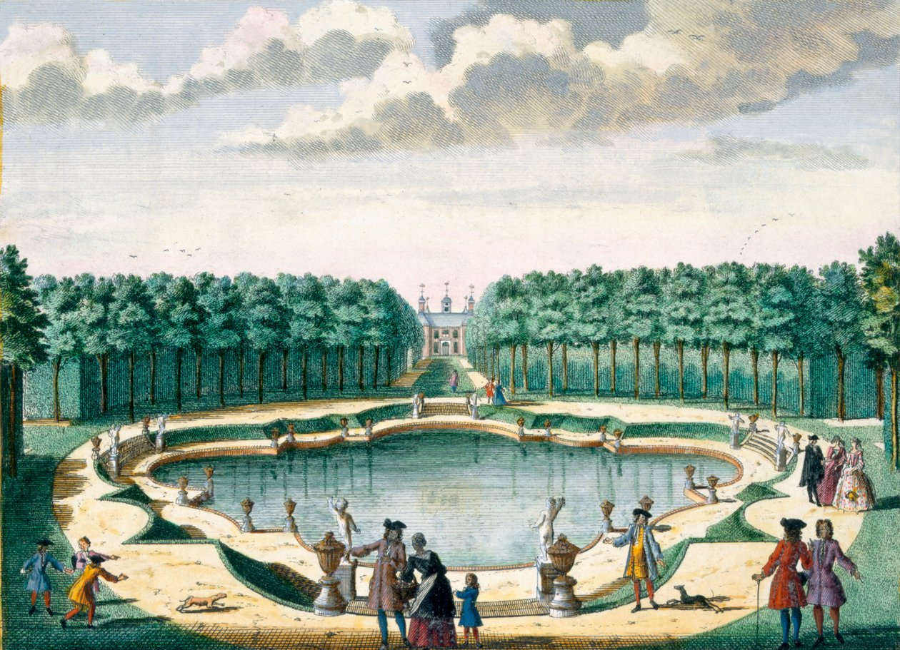 Kilátás a tóra a ház háta felé, Beckenstein, a Het Zeganpralent Kennemerlantból Hendrick de Leth és Matthias Brouerius Van Nidek, megjelent 1700-1730 körül alkotó: Dutch School