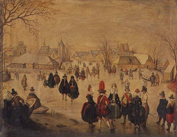 Téli táj: Stílusos korcsolyázók a tavon alkotó: Dutch School