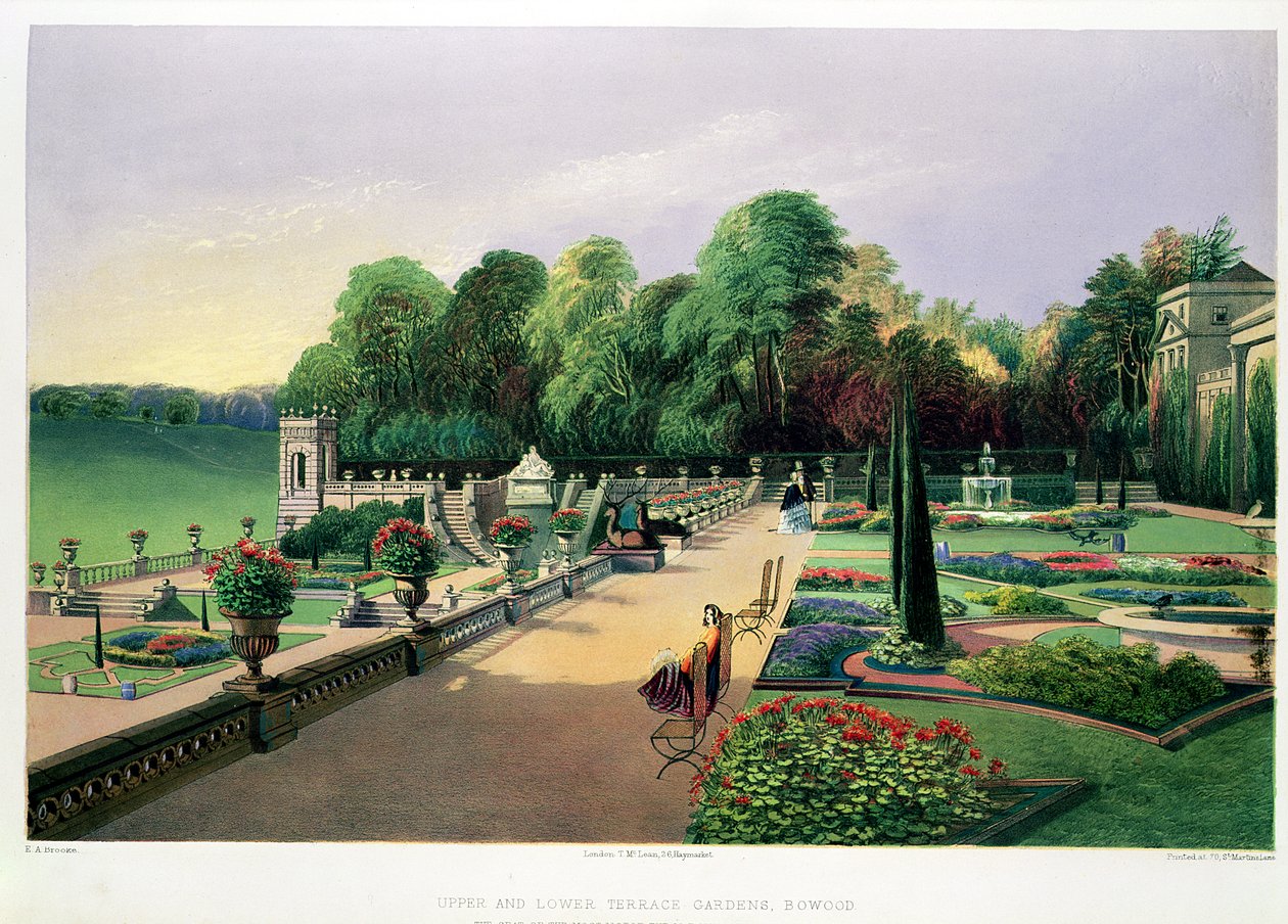 The Upper and Lower Terrace Gardens at Bowood, az 1857-ben megjelent "Gardens of England" című könyvből (kromolito) alkotó: E. Adveno Brooke