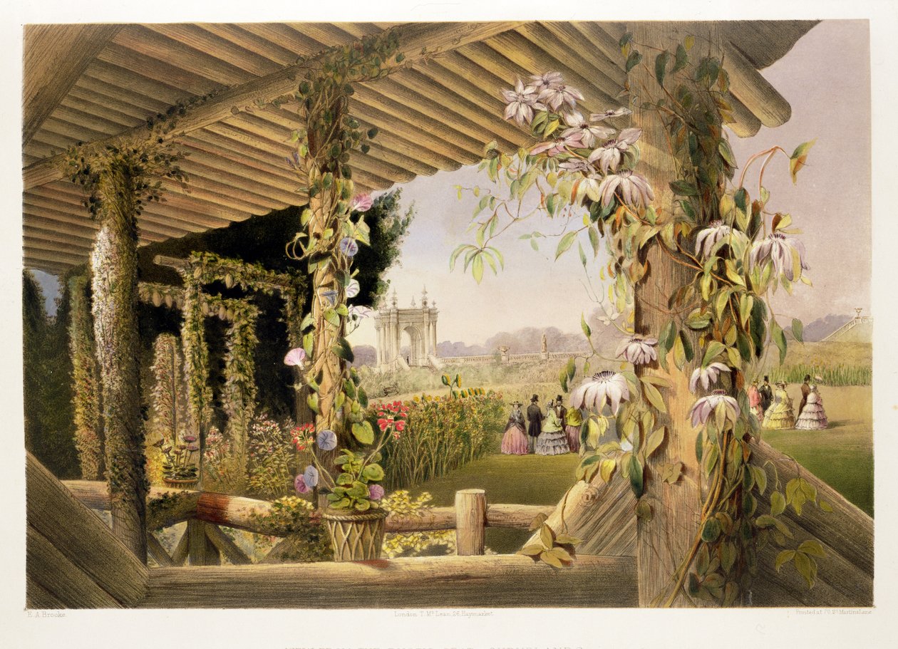 Kilátás a rusztikus székről, Shrublands, a „The Gardens of England” című filmből, 1857-ben alkotó: E. Adveno Brooke