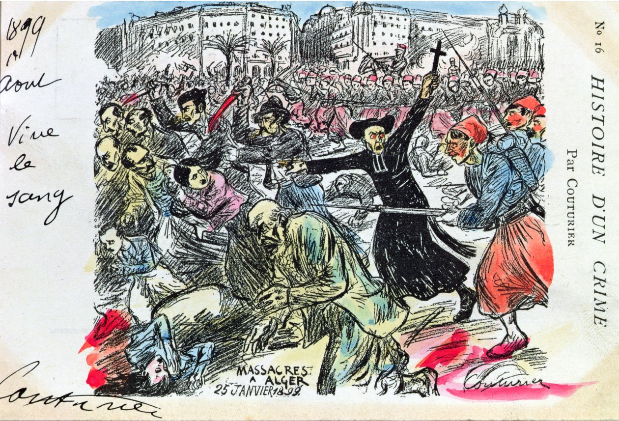 Képeslap, amely a zsidók algíri mészárlását ábrázolja, 1899. január 25. (színes litográfia) alkotó: E. Couturier