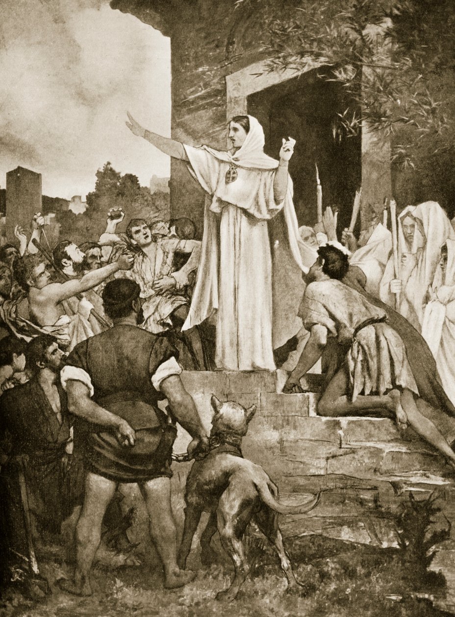 Szent Genevieve megnyugtatja a párizsiakat Attila közeledtével, illusztráció Hutchinson nemzetek története című művéből, 1915 alkotó: E. Fiorillo