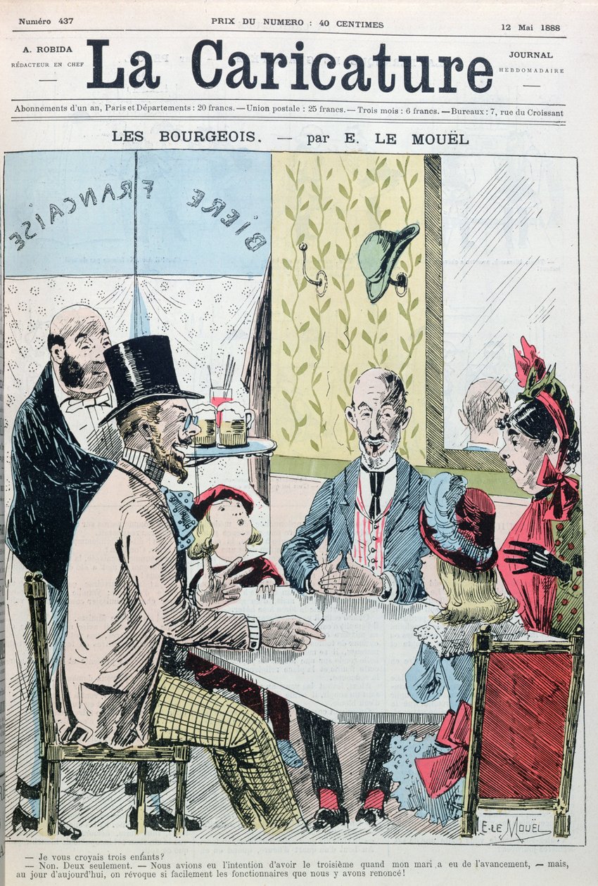 Egy burzsoá házaspár elmagyarázza, hogy csak két gyermekük született gazdasági okokból, a La Caricature-ből, 1888. május 12. alkotó: E. Le Mouel