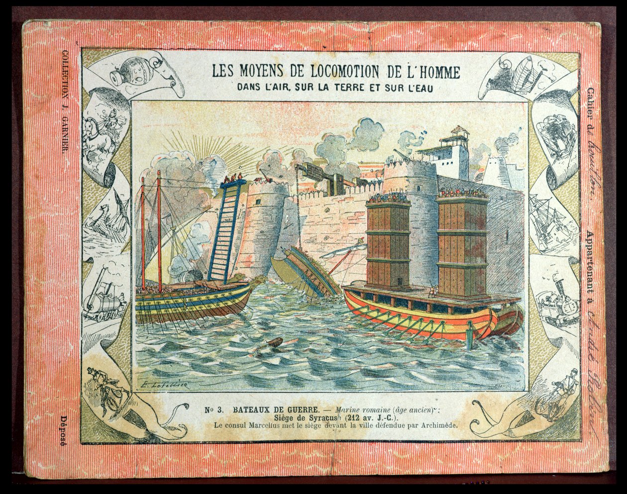 Az iskolai füzet borítója, amely a rómaiak Siracusa ostromát illusztrálja Marcus Claudius Marcellus (Kr. e. 268-208) konzul i. e. 212-ben, 1900 körül. alkotó: E. Letellier