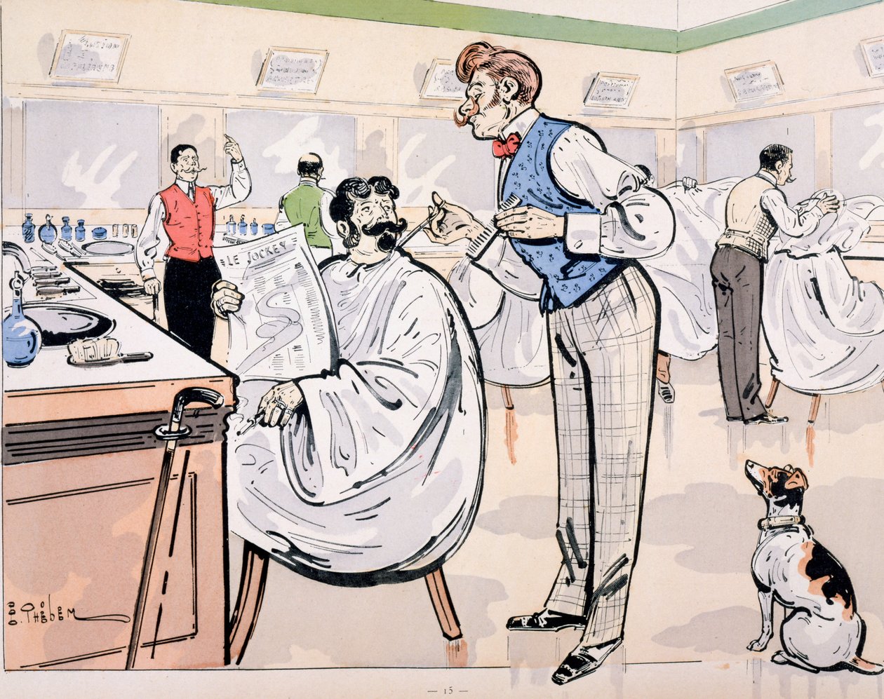 A borbélynál és a „Le Jockey”-t olvassa, 1905 körül alkotó: E. Thelem