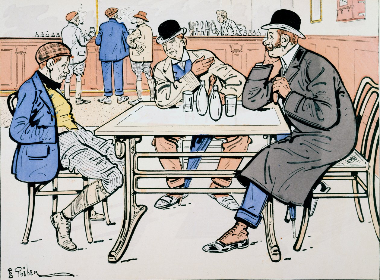 Jockey és edzők a bárban, 1905 körül alkotó: E. Thelem