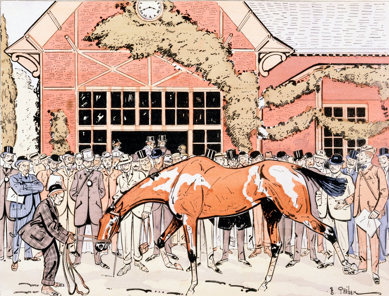A versenyló megtekintése a karámban, 1905 körül alkotó: E. Thelem