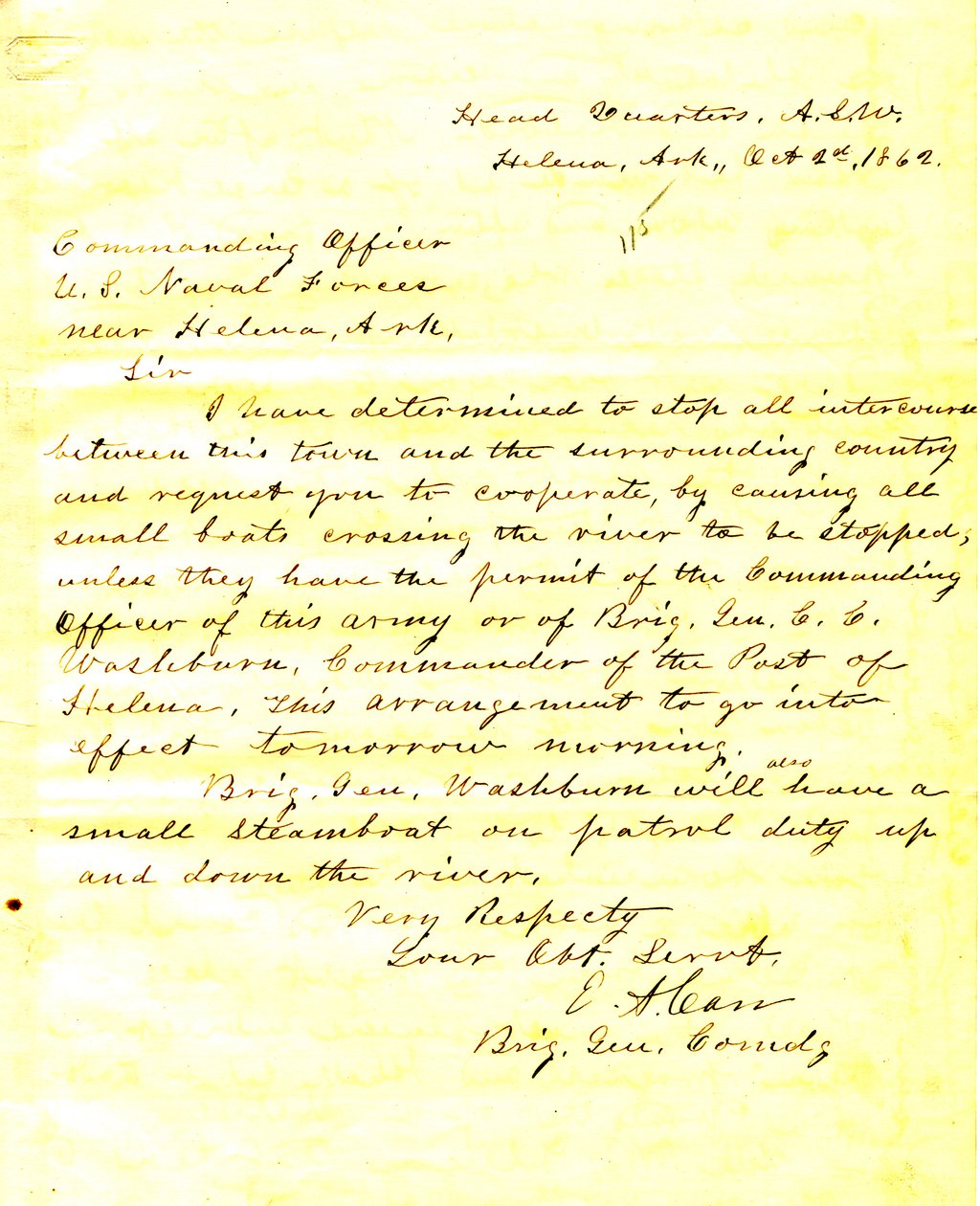 E. A. Carr, Helena, Arkansas levele az amerikai haditengerészeti erők parancsnokának, Helena közelében, Arkansasban, 1862. október 2 -án alkotó: E.A. Carr