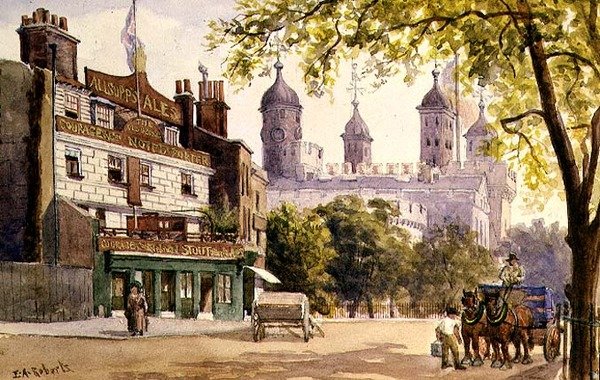 Az Old George és a londoni Tower (akvarell) alkotó: E.A. Roberts