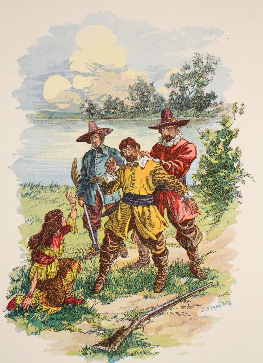 Megfogták a gallérjánál fogva, illusztráció a "Pocahontas"-ból: Az erdő hercegnője", Edward S. Ellis, kiad. McLoughlin Brothers, New York, 1912 körül. alkotó: E.B. Comstock