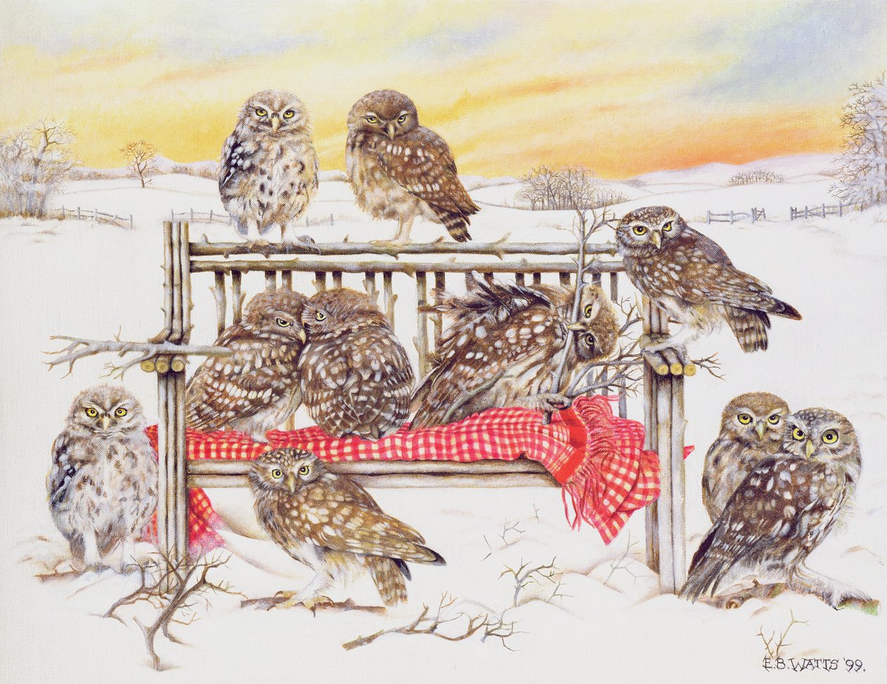 Kis baglyok gallypadon, 1999 (akril, vászon) alkotó: E.B. Watts