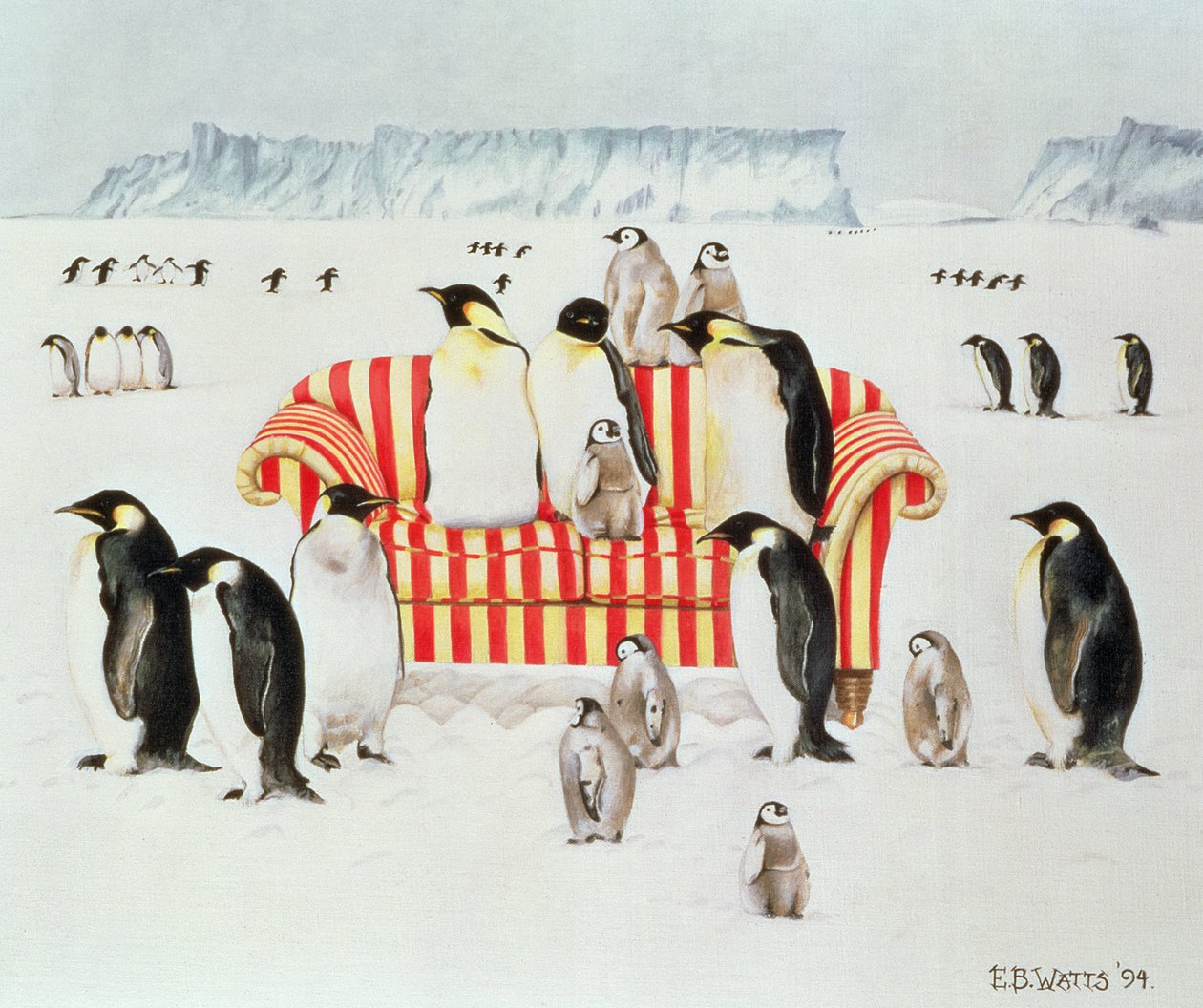 Pingvinek egy piros-fehér kanapén, 1994 (akril) alkotó: E.B. Watts