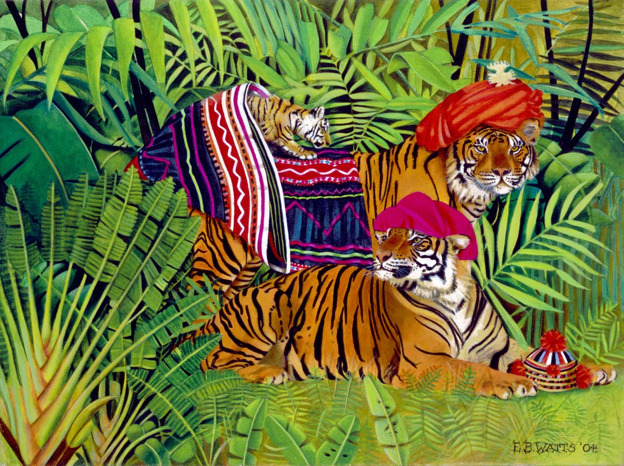 Tigris család thai ruhákkal, 2004 (akril, vászon) alkotó: E.B. Watts