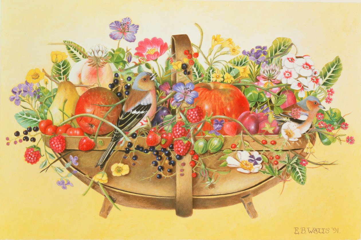 Trug gyümölccsel, virágokkal és pisztolyokkal, 1991 (akril) alkotó: E.B. Watts