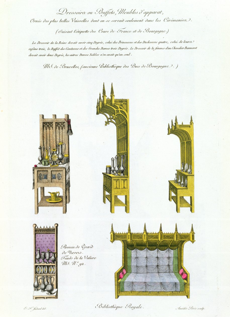 XV. századi francia és burgundi bútorok, a Monuments Francais-ból, Amedee Peree litográfiája, 1839 alkotó: E.F. Imbard