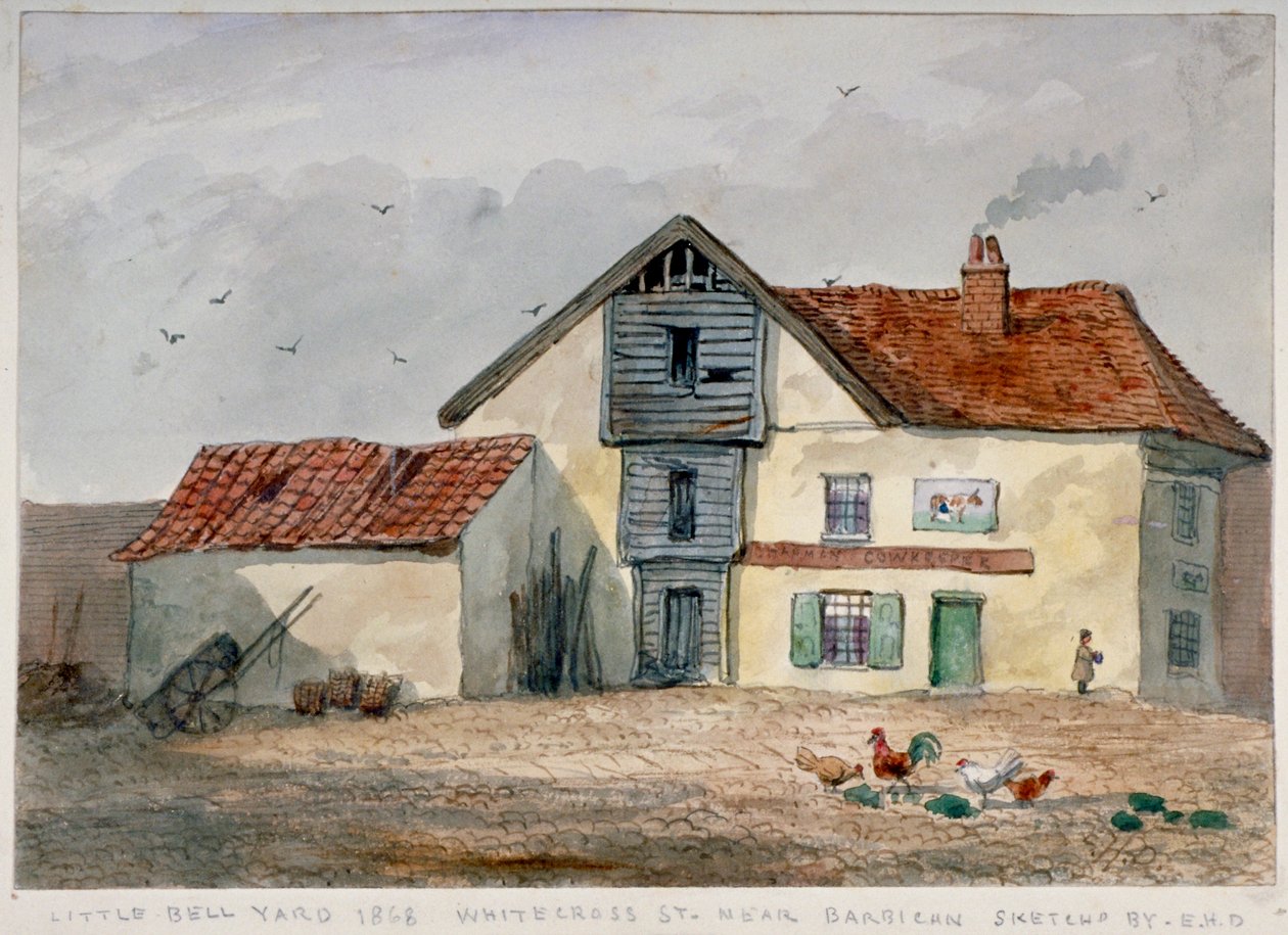 Kilátás a Little Bell Yard-ra, Whitecross Street, csirkékkel az előtérben, London, 1868 alkotó: EH Davies