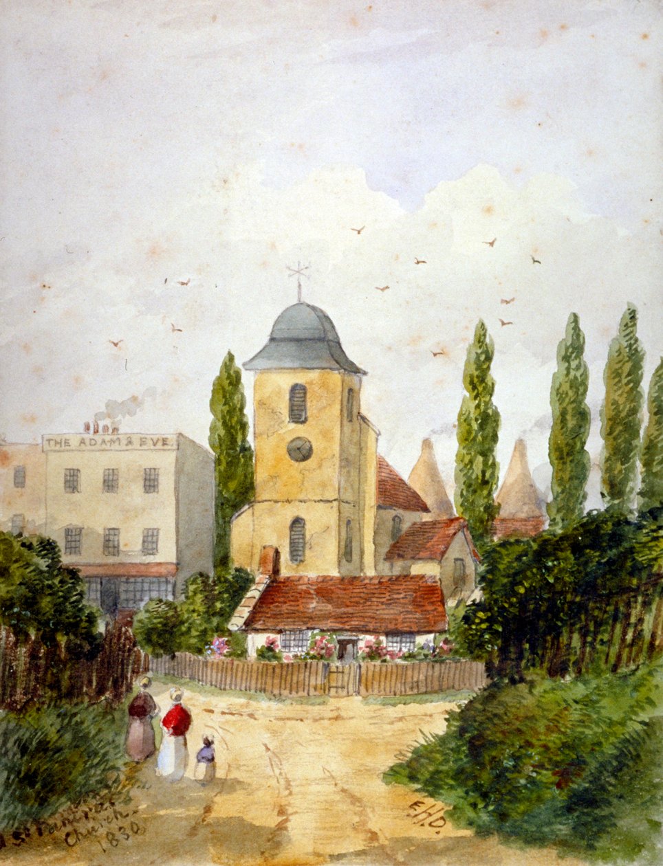 St Pancras Old Church és az Adam and Eve Tavern, London, 1830. alkotó: EH Dixon