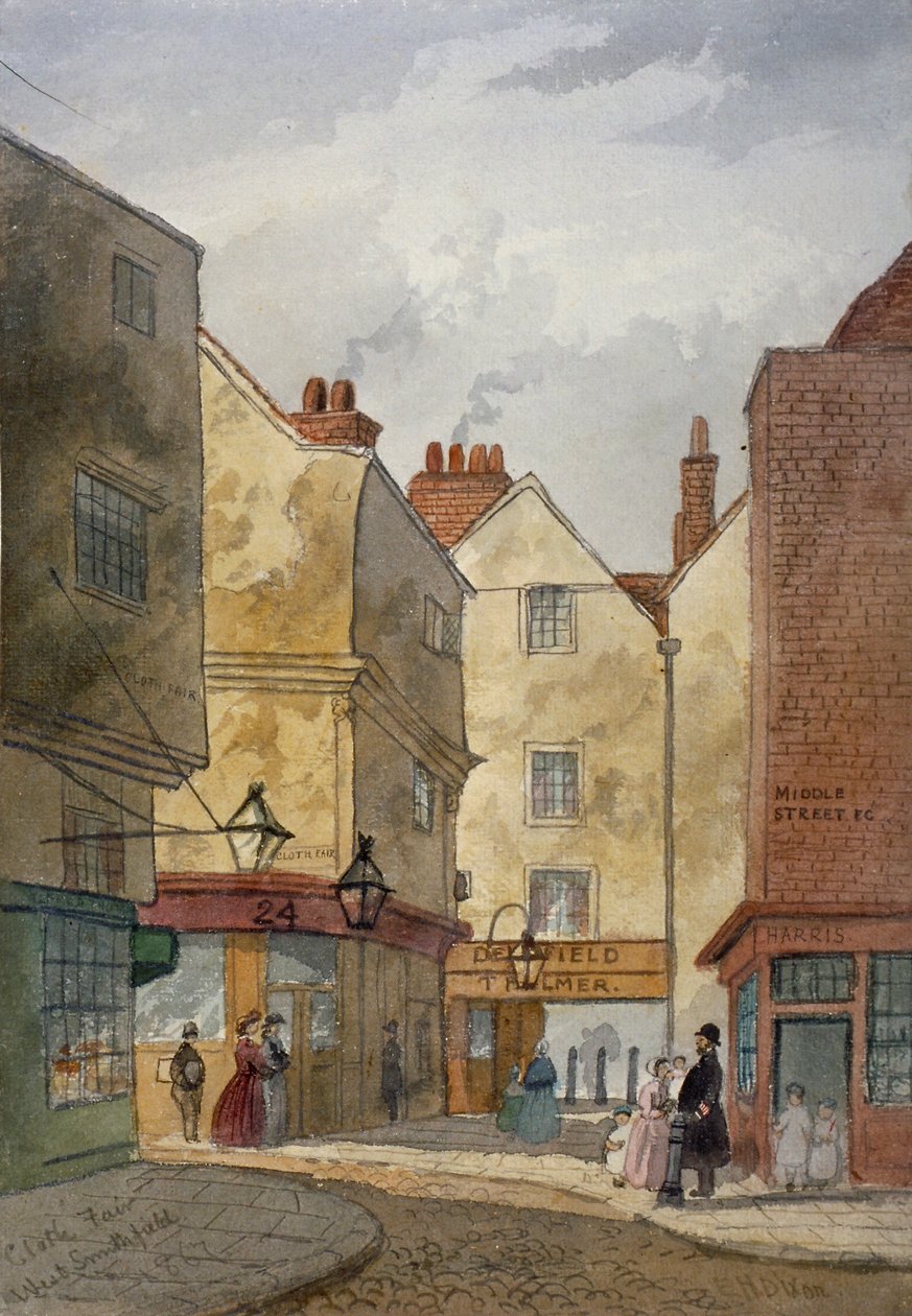 Kilátás a Cloth Fairre és a Middle Streetre, West Smithfield, London City, 1867 alkotó: EH Dixon