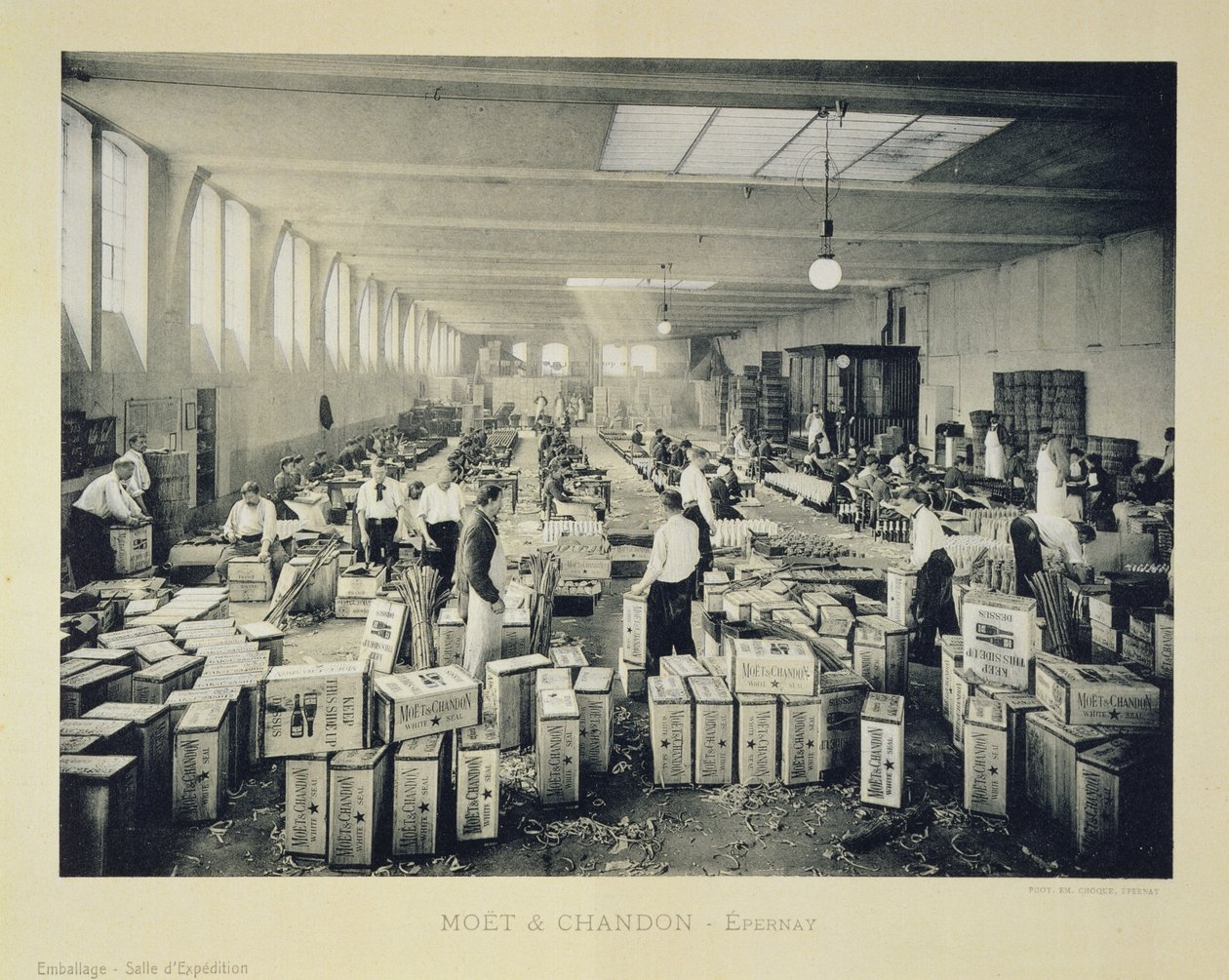 Csomagolódobozok szállításhoz, a La France Vinicole-tól, kiadó: Moet & Chandon, Epernay (photolith) alkotó: E.M. Choque