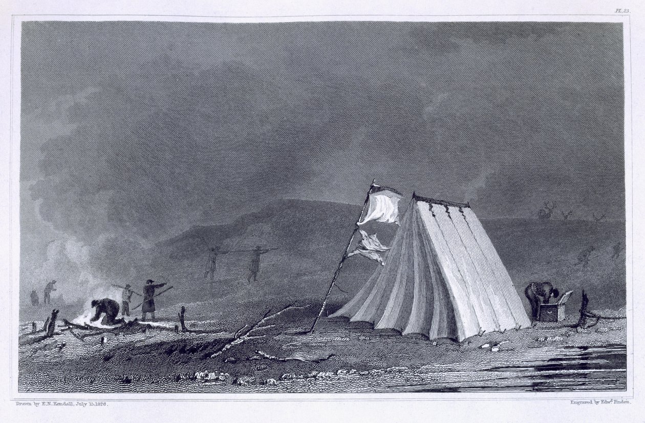 Táborozás Browell Cove-ban, 1826. július 15. Sir John Franklin (1786-1847) „Narrative of a Second Expedition to the Shores of the Polar Sea in the Years 1825-27” című könyvéből, amelyet Edward Finden (1791-) vésett. alkotó: E.N. Kendall