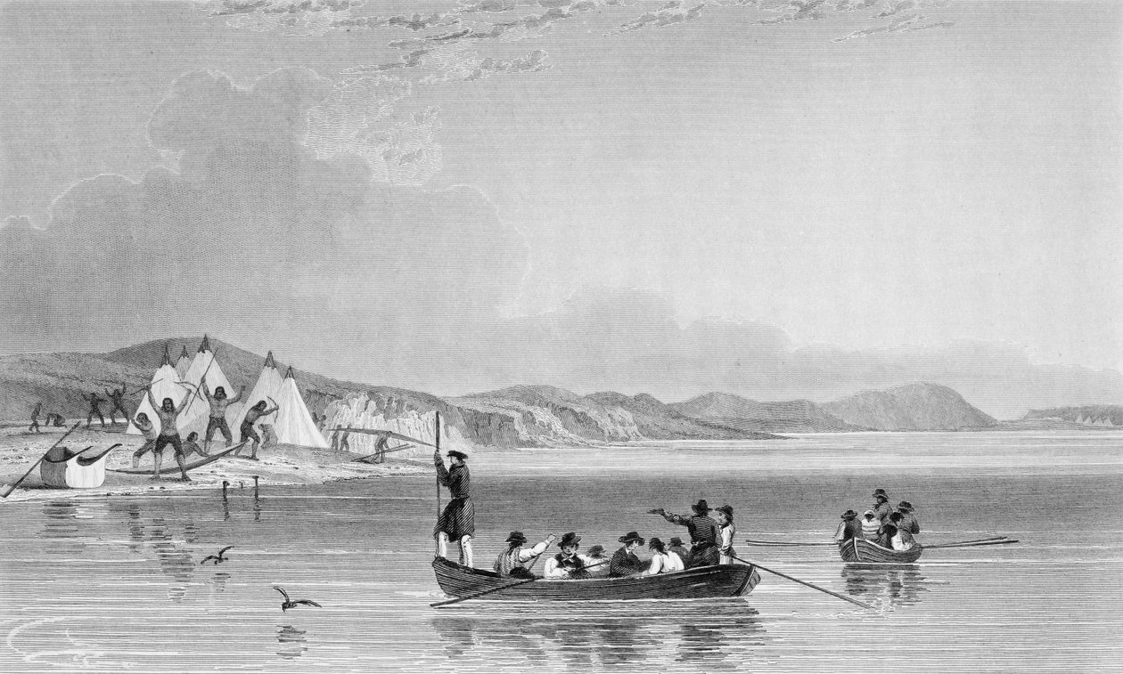 Eszkimók táborozása a Richard-szigeten, Sir John Franklin (1786-1847) "Narrative of a Second Expedition to the Shores of the Polar Sea in the Years 1825-27" című művéből, melyet Edward Finden (1791-18) metszett. alkotó: E.N. Kendall