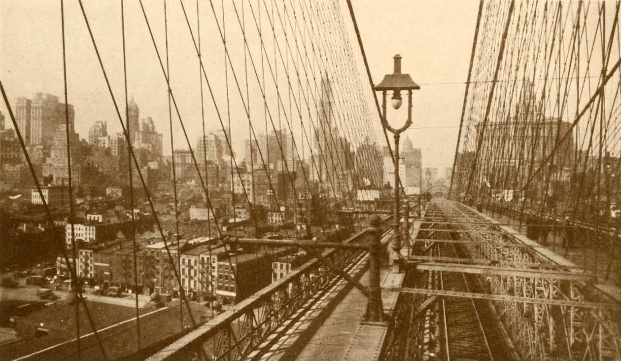 Alsó-Manhattan a Brooklyn Suspension Bridge kábelhálózatán keresztül, c1930. alkotó: ENA