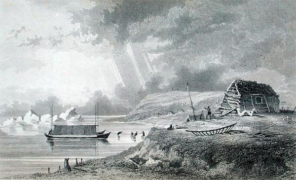 Eskimaux téli ház az Atkinson-szigeten, július 13., "Elbeszélés egy második expedícióról a Sarki-tenger partjaira az 1825-27-es években", Sir John Franklin (1786-1847) vésette Edward Finden (1791-1857) megjelent 1828 (metszet) alkotó: E.N. (after) Kendall