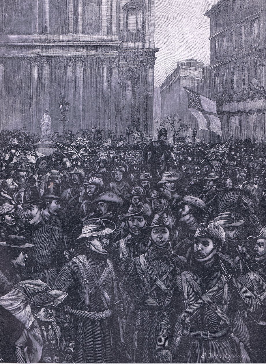 A CIV-ek a Ludgate Hillről lefelé menet, a Mansion House felé vezető úton a Waterloo állomásra, illusztráció a Cassells History of Englandből, 1900-as évek alkotó: E.S. Hodgson