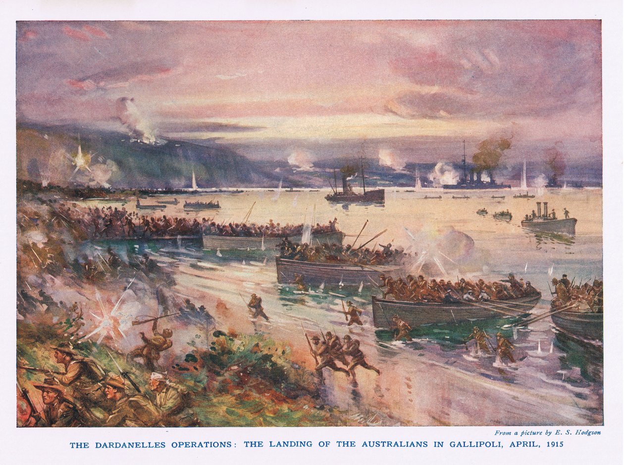 A Dardanellák hadműveletei: Az ausztrálok partraszállása Gallipoliban, 1915. április alkotó: E.S. Hodgson
