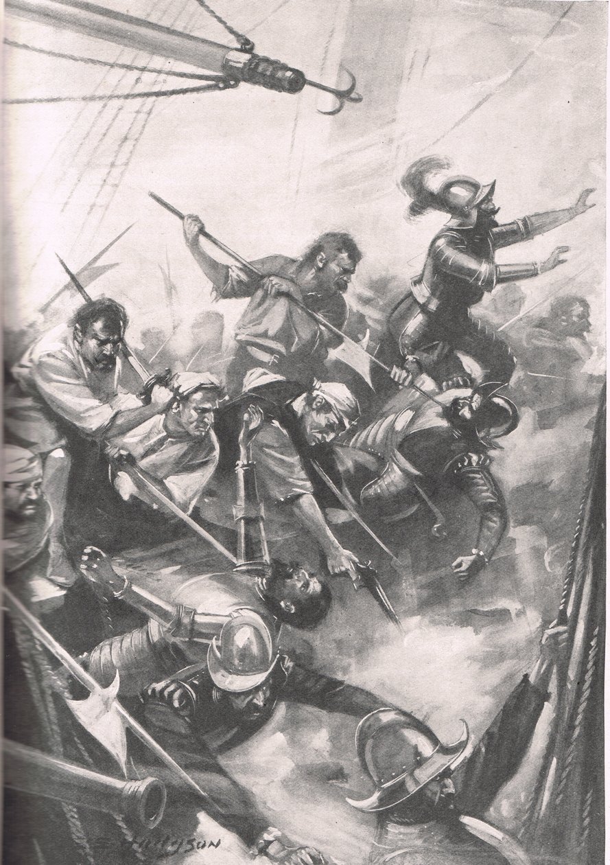 Az angolok visszaszorítják a spanyolokat San Juan de Uluában, illusztráció a „British Battles on szárazföldön és tengeren” című könyvből, kiadó: Cassell, London, 1915 körül alkotó: E.S. Hodgson