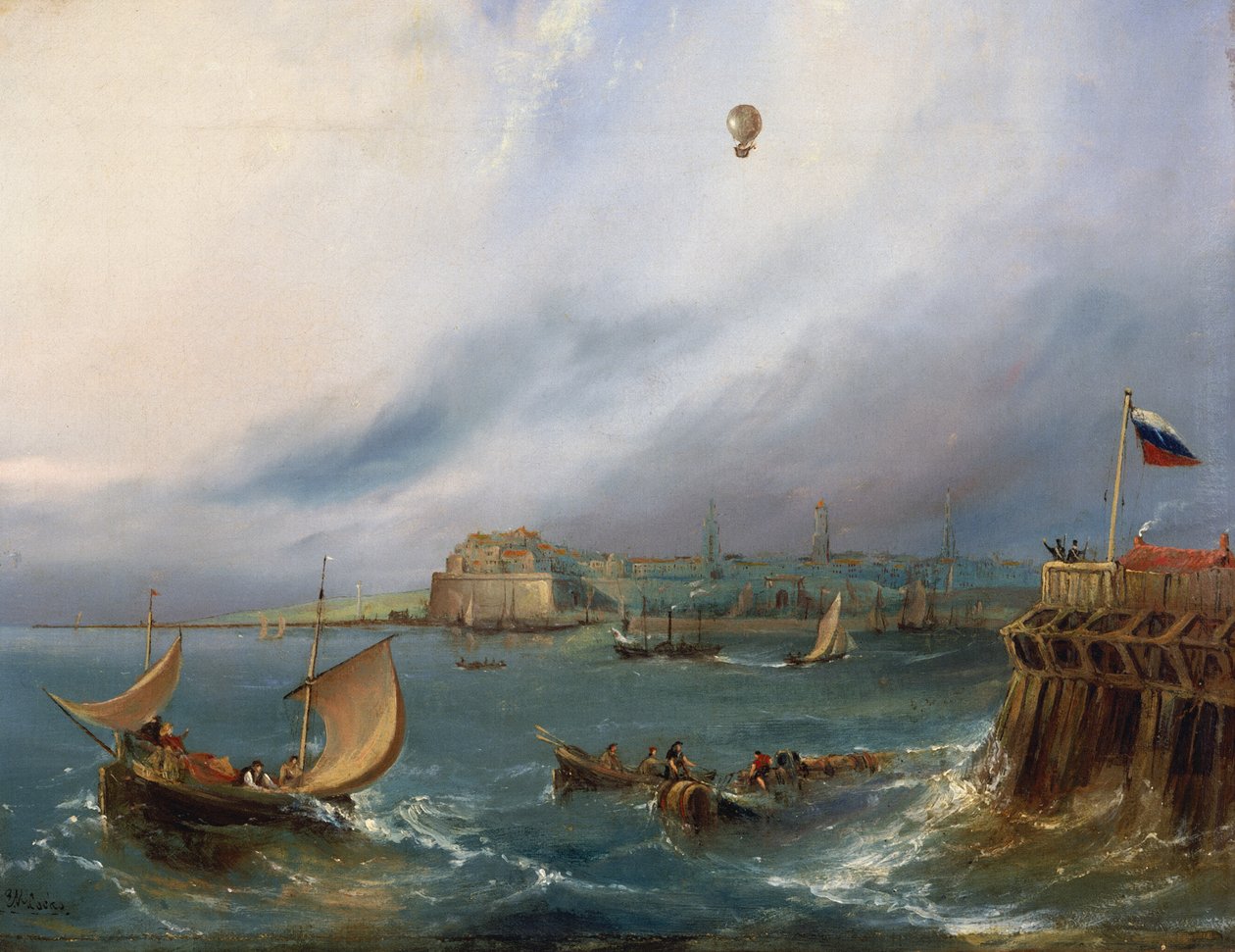 Az első léggömb átkelés a La Manche csatornán, 1785. január 7., 1840 körül alkotó: E.W. Cocks