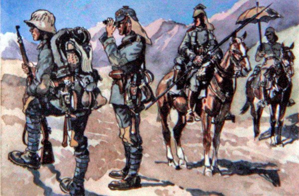 Német egyenruhák 1917-ből, Macedón Front (színes litho) alkotó: E. (after) Dobrich