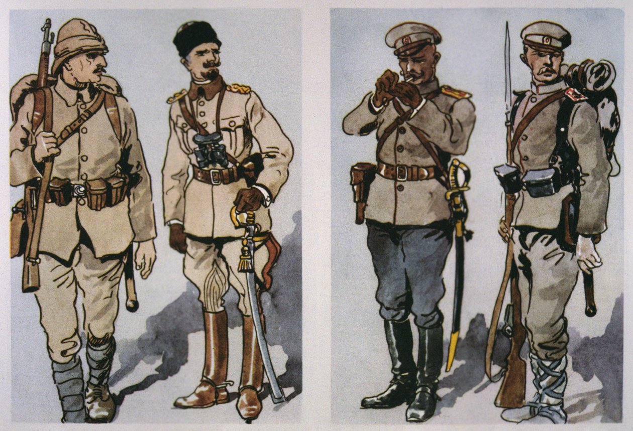 Török gyalogos és tiszt (balra) és bolgár gyalogos tiszt és gyalogos 1917 (jobbra) 1917 (színes litó) alkotó: E. (after) Dobrich